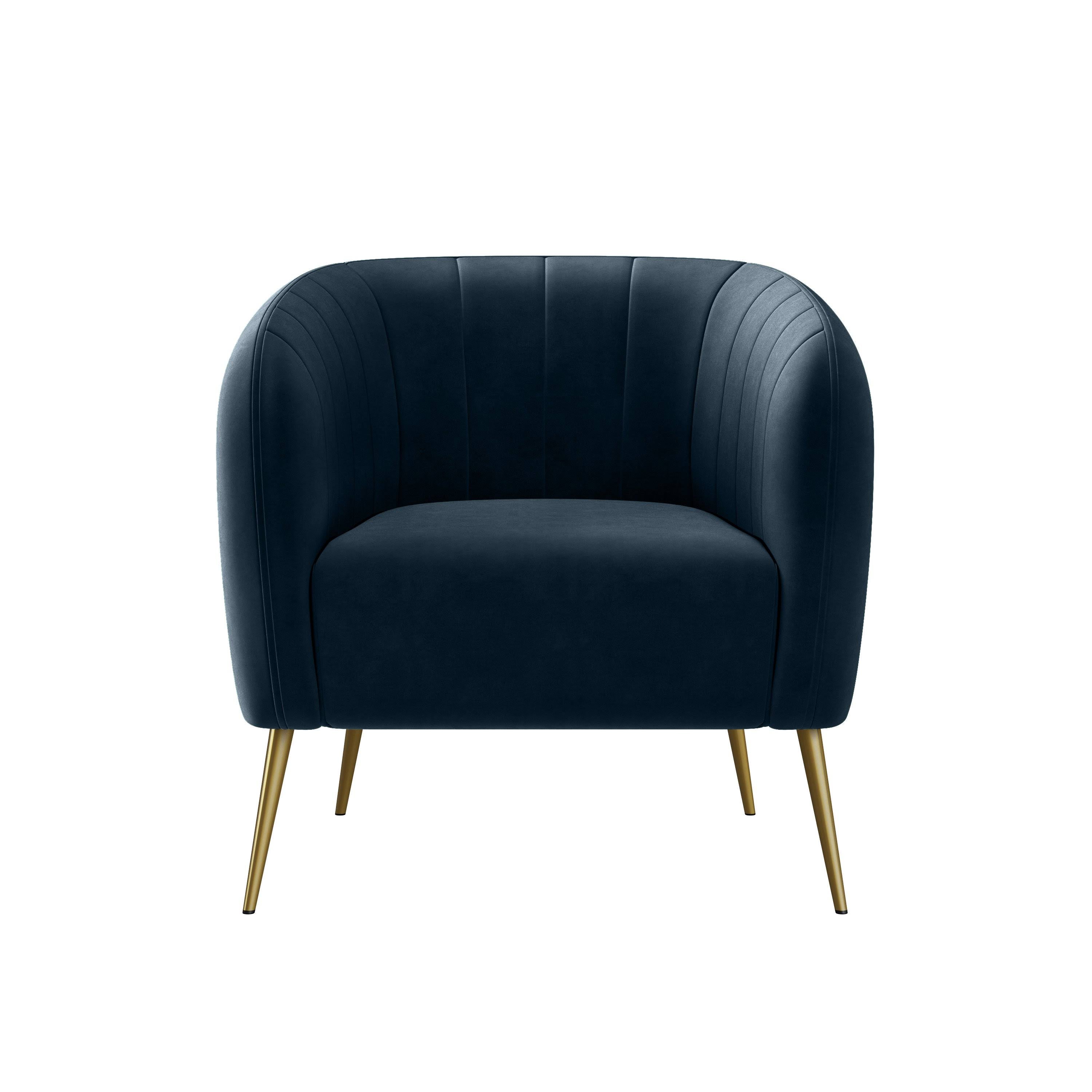 Turquoise Blue Velvet Channel-Tufted Barrel Chair I696