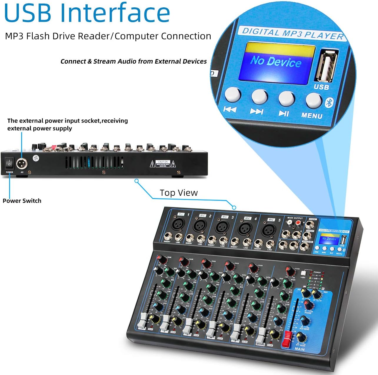 Bluetooth Portable Audio Mixer with USB DJ Sound Mixing Console W391978