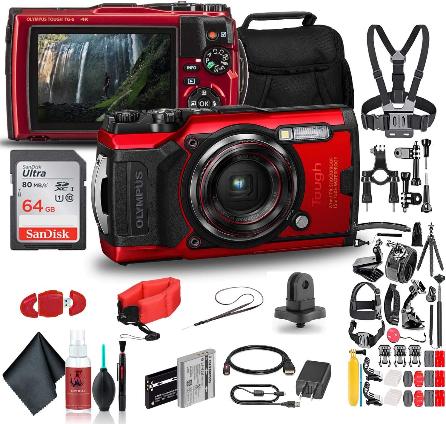 Red Waterproof Camera Action Bundle with 50 Piece Accessory Kit V834