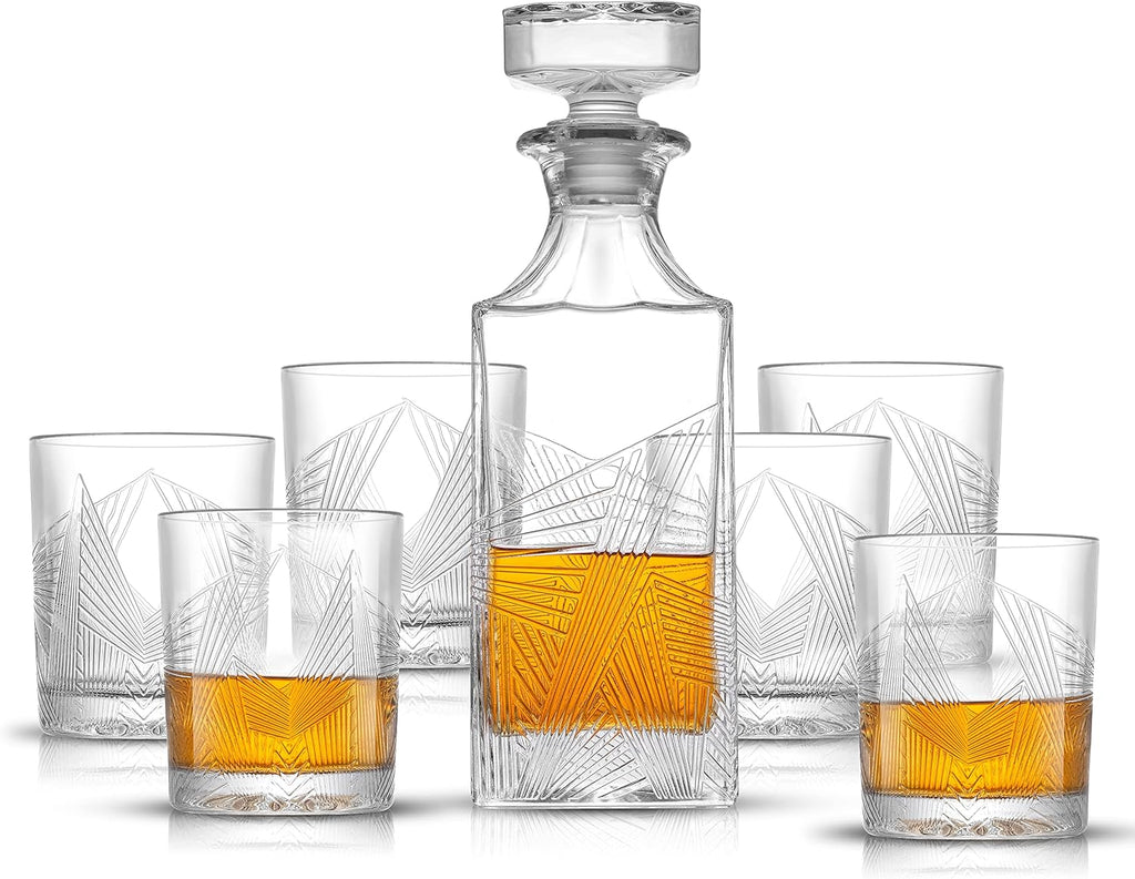 Whiskey Decanter and 6PC Glasses Set, 27 oz Airtight Glass Decanter, Set of 6 Old Fashioned Rocks Glasses V10066