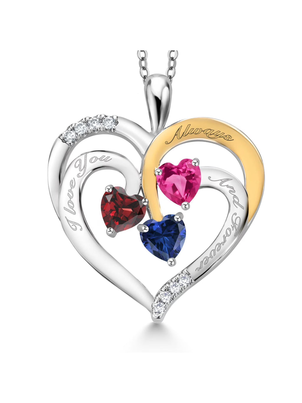 Red Garnet Pink Created Sapphire Blue Created Sapphire Created Moissanite Engraved Pendant Necklace (1.70 cttw, Heart Shape 5MM, 18 inch Chain) W4275