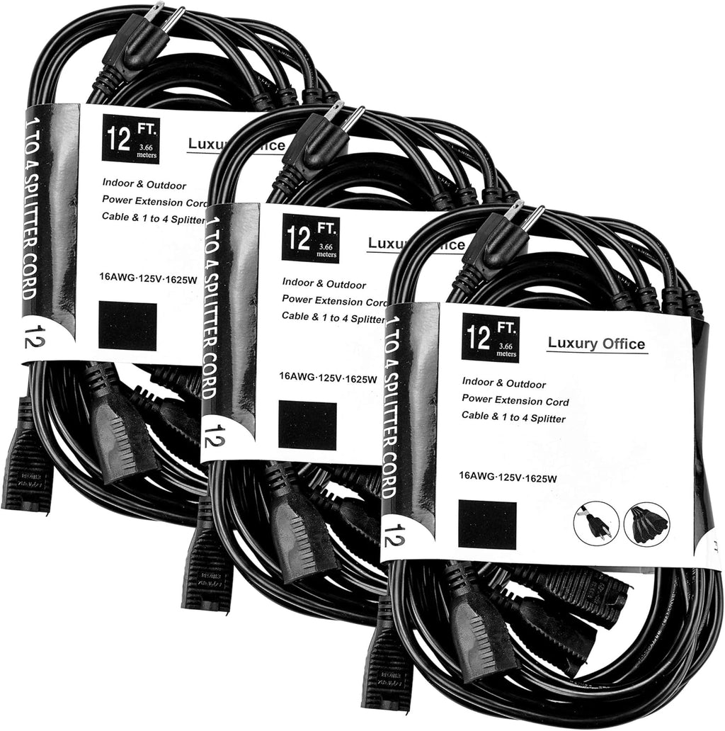Black 3 Pack 12 ft 4 Way Power Splitter with 3 Pronged Outlet A86161