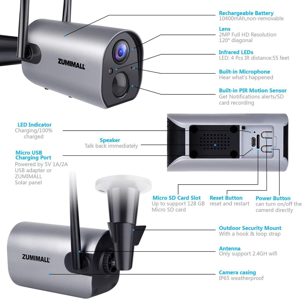 Wireless Outdoor WiFi Security Camera, Rechargeable Battery Powered, PIR Motion Detection, Two Way Audio, Night Vision, Waterproof, 2PCS F430604