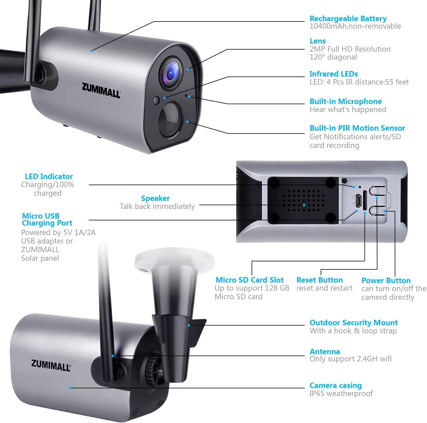 Wireless Outdoor WiFi Security Camera, Rechargeable Battery Powered, PIR Motion Detection, Two Way Audio, Night Vision, Waterproof, 2PCS F430604