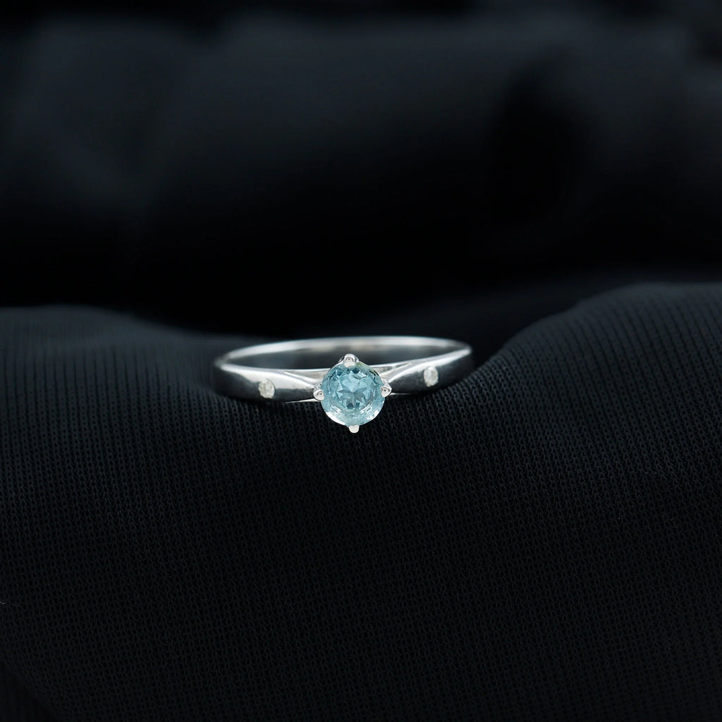 Aquamarine Solitaire Ring with Diamond, 925 Sterling Silver O215736