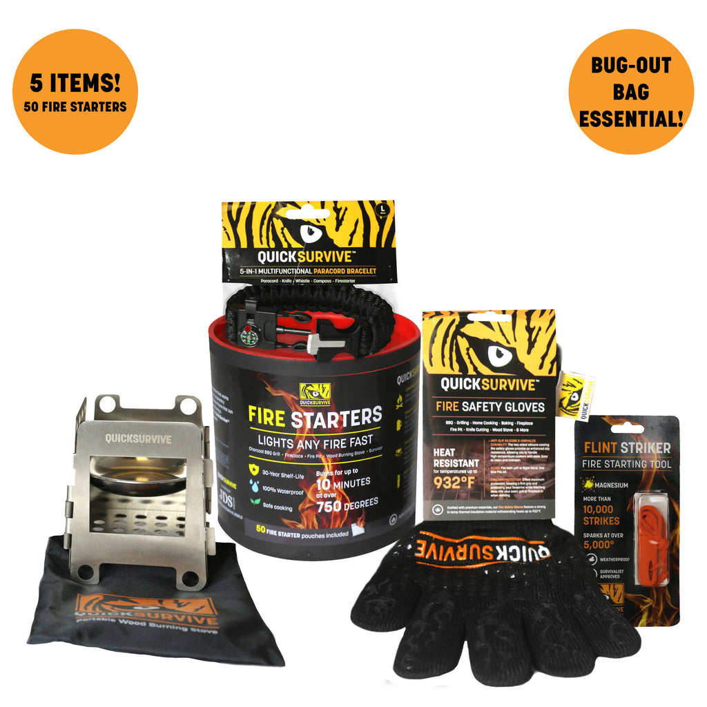 50-Piece Survival Bundle with Fire Starter Canister, Stove, Flint, Paracord & Glove S3382