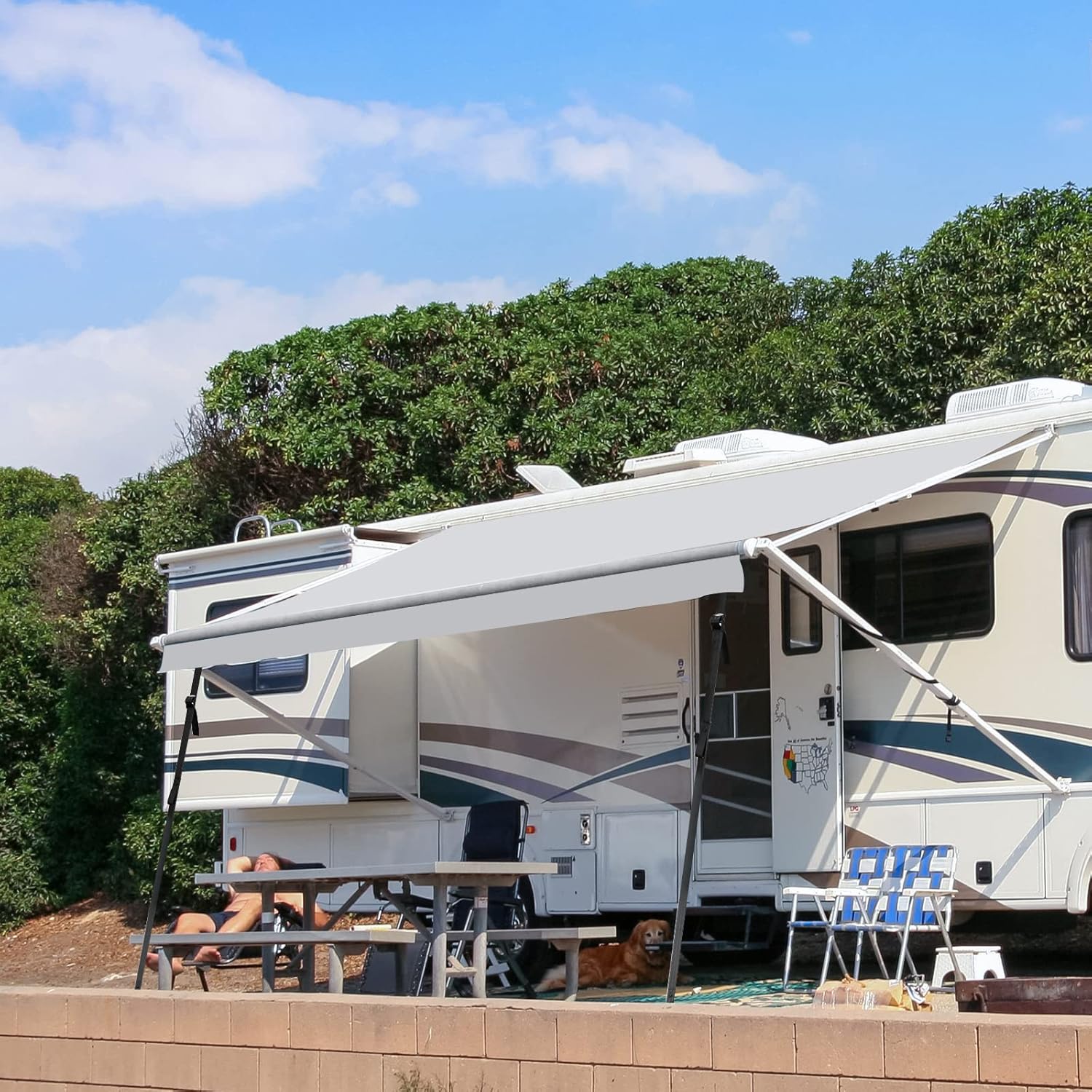 RV Awning Replacement Fabric with Anchor Kits & Pull Tension Strap, Gray Z356