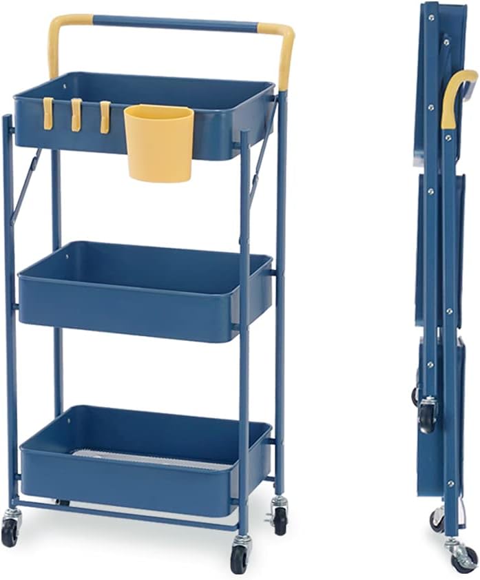 3-Tier Collapsible Rolling Utility Cart with Lockable Caster Wheels, Metal Storage Cart, Blue Yellow W947