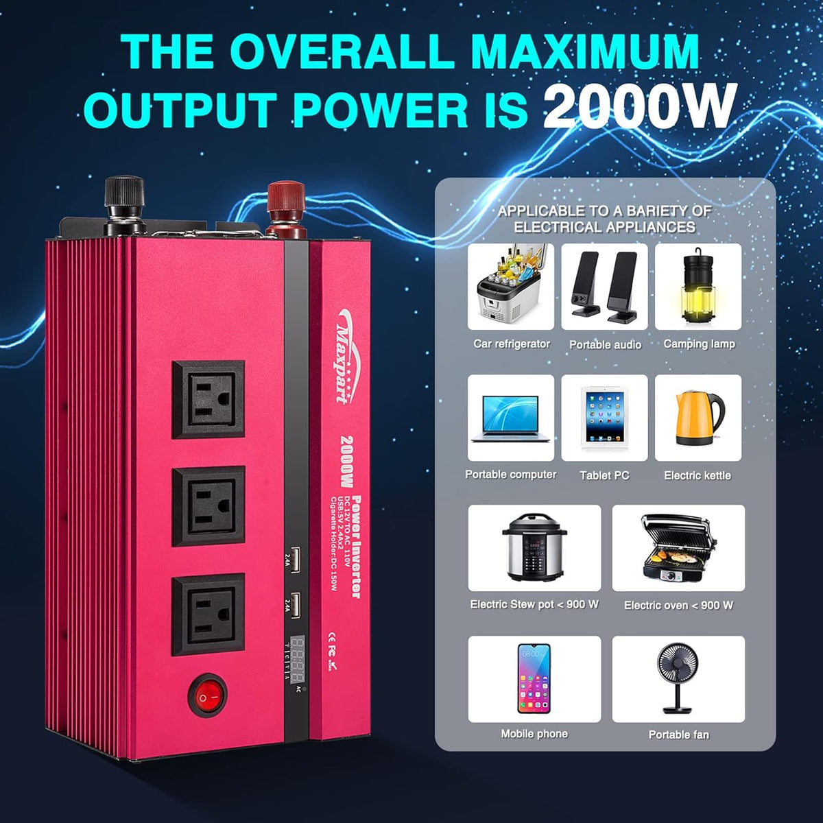 2000W Power Inverter 12v to 110v AC to DC Converter with 3 AC Outlets and USB Charging Port R364967