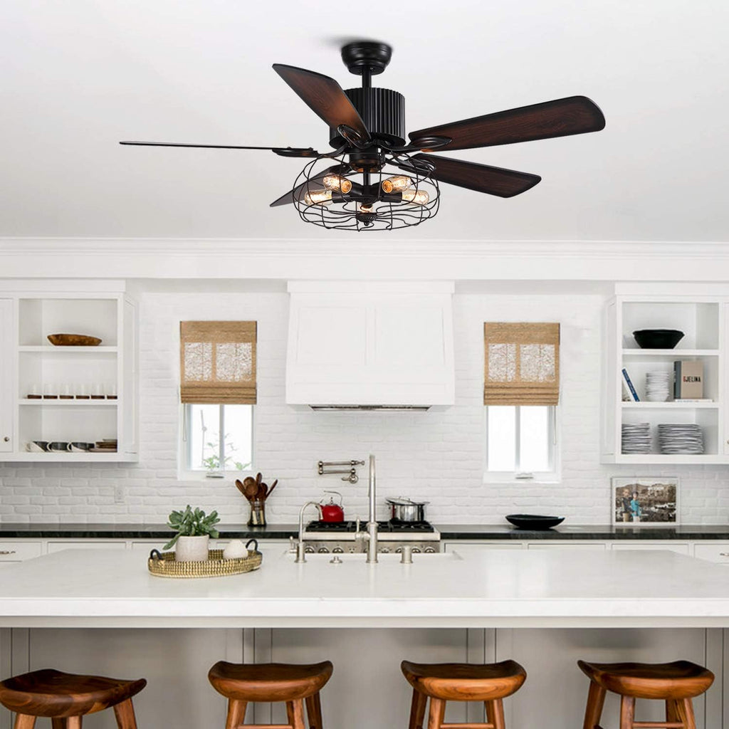48 Retro Industrial Cage Ceiling Fan with Lights and Remote B374214