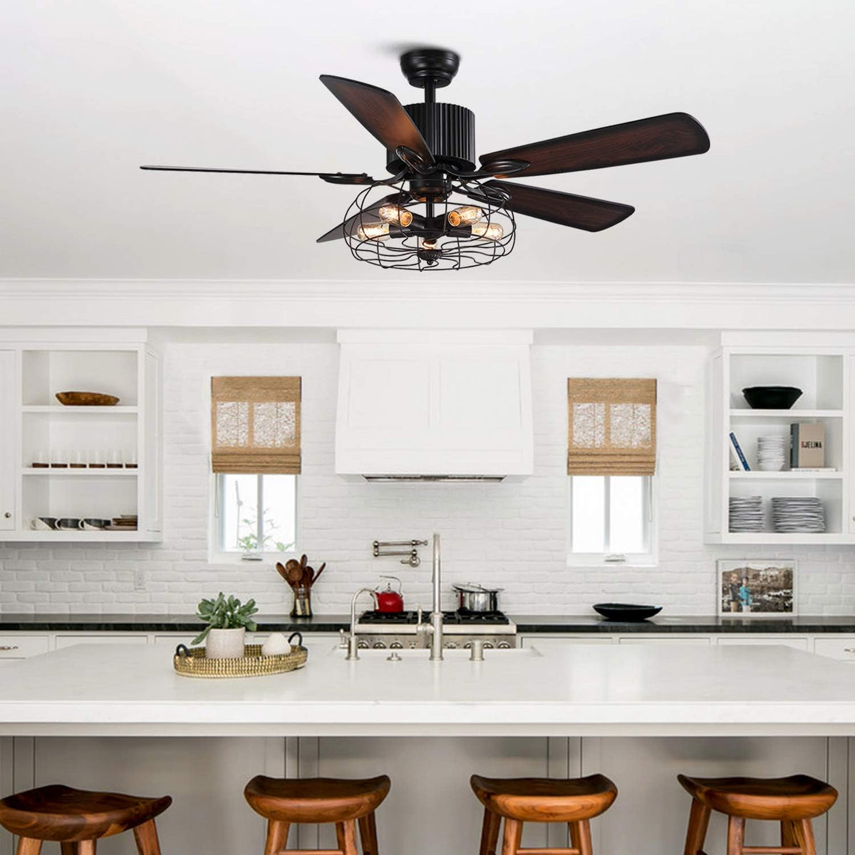 48 Retro Industrial Cage Ceiling Fan with Lights and Remote B374214