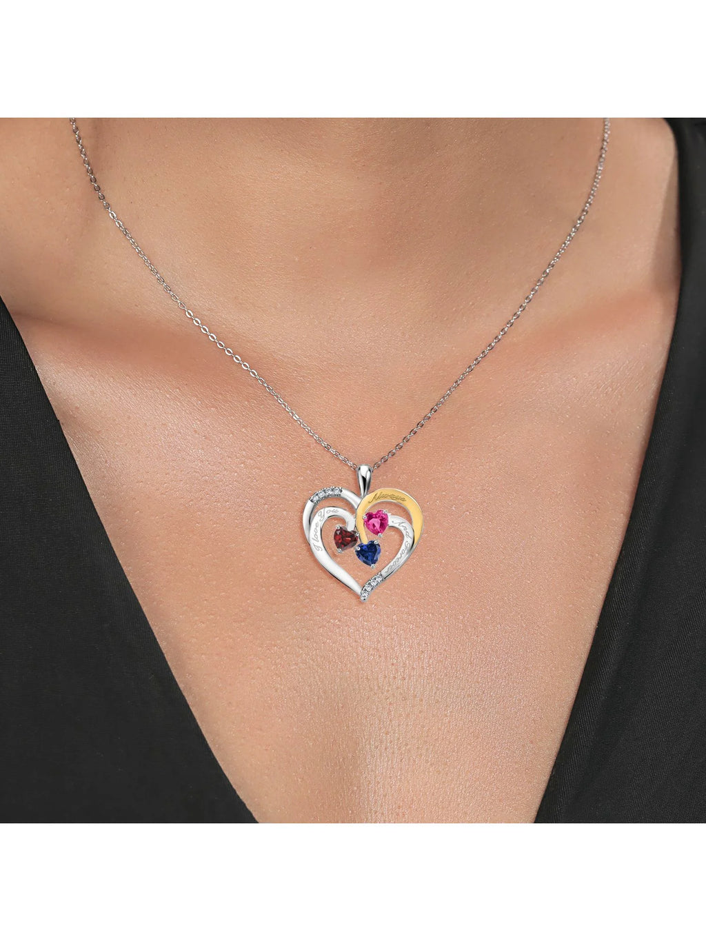 Red Garnet Pink Created Sapphire Blue Created Sapphire Created Moissanite Engraved Pendant Necklace (1.70 cttw, Heart Shape 5MM, 18 inch Chain) W4275