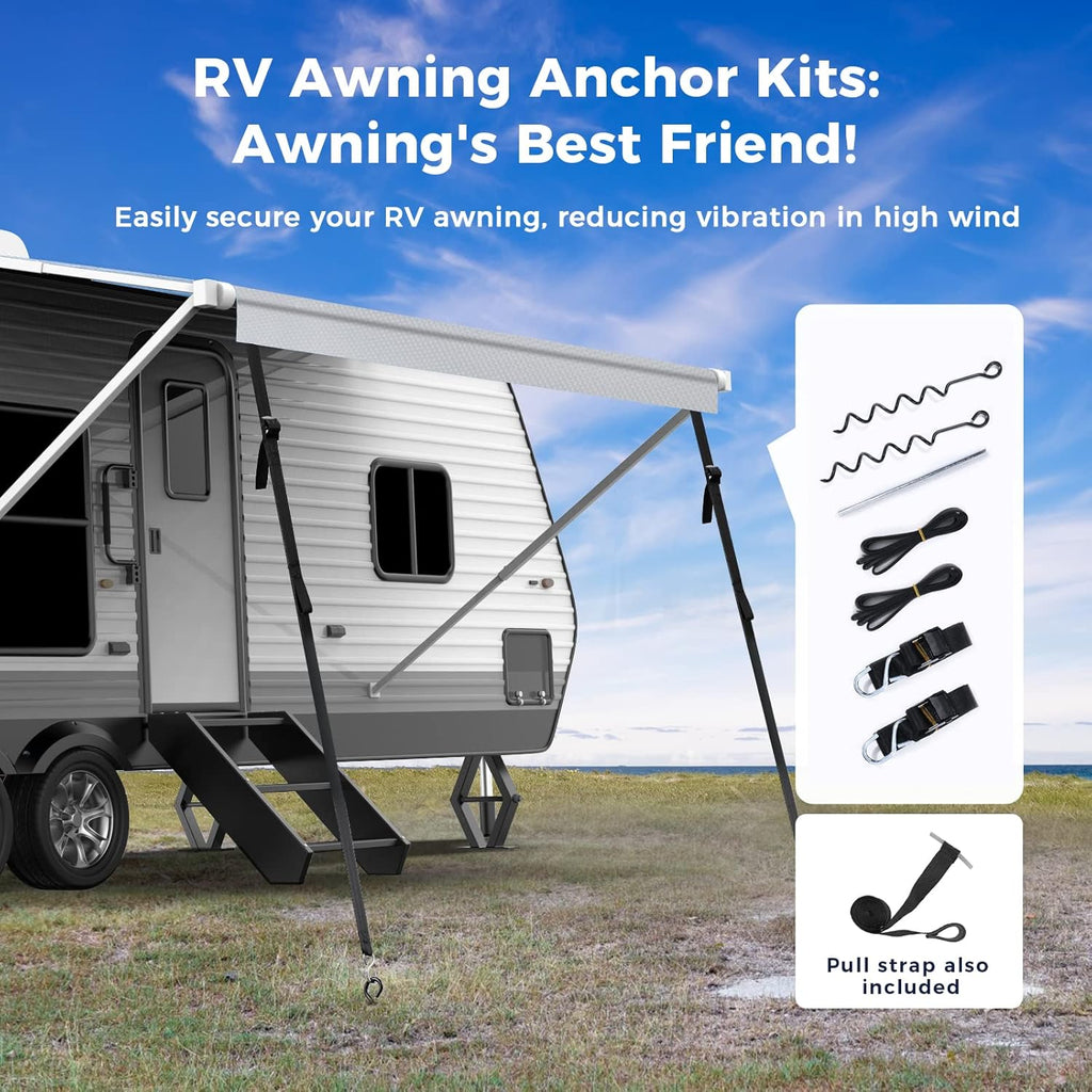 RV Awning Replacement Fabric with Anchor Kits & Pull Tension Strap, Gray Z356