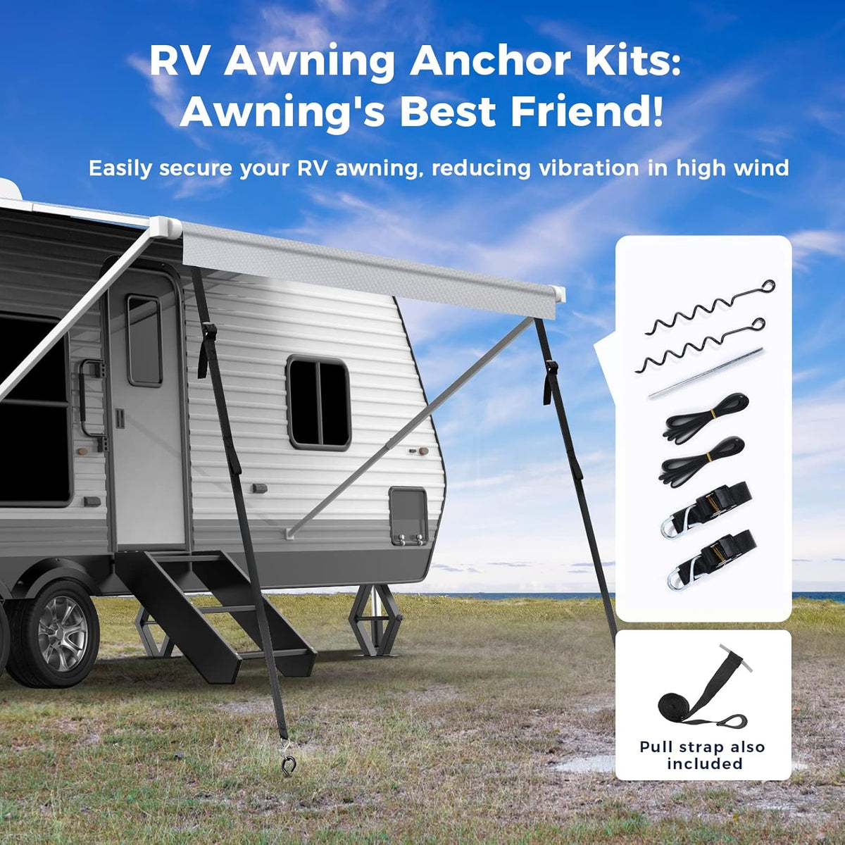 RV Awning Replacement Fabric with Anchor Kits & Pull Tension Strap, Gray Z356