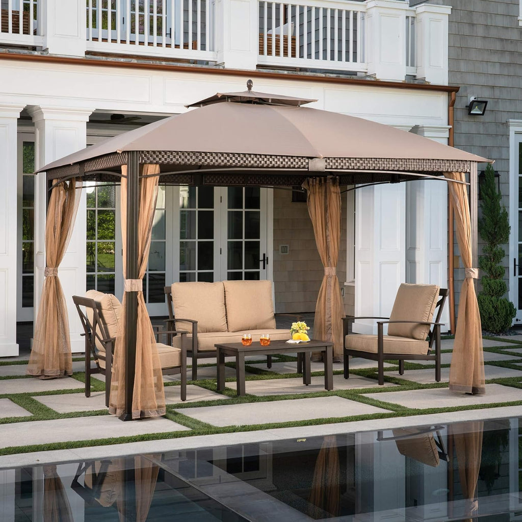 Tan Aluminum and Steel Gazebo with Mosquito Netting S23556