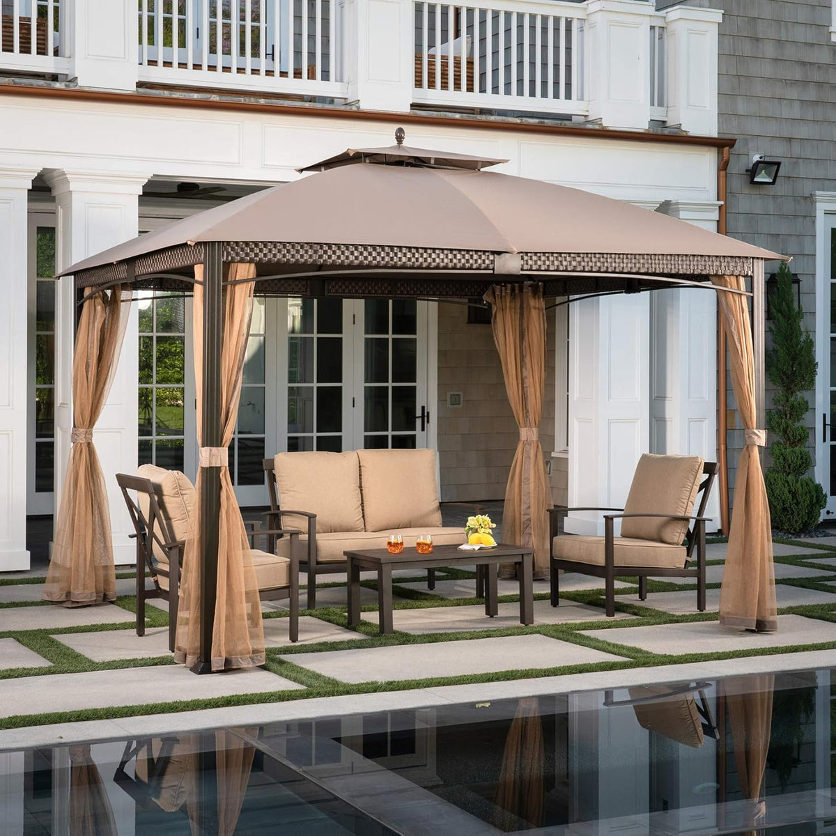Tan Aluminum and Steel Gazebo with Mosquito Netting S23556