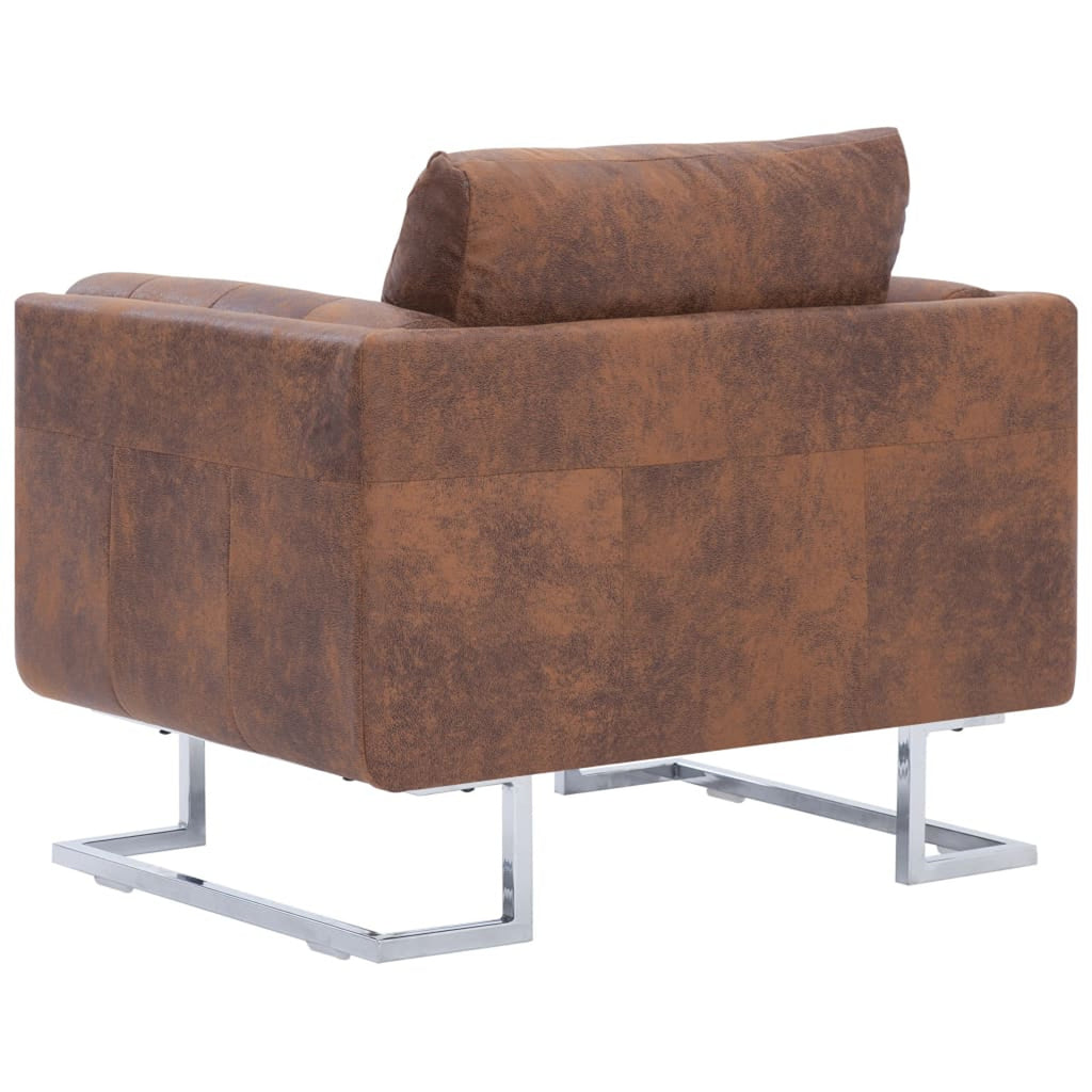 Cube Armchair Faux Suede Leather Upholstery Chair with Chrome Feet Brown L382983