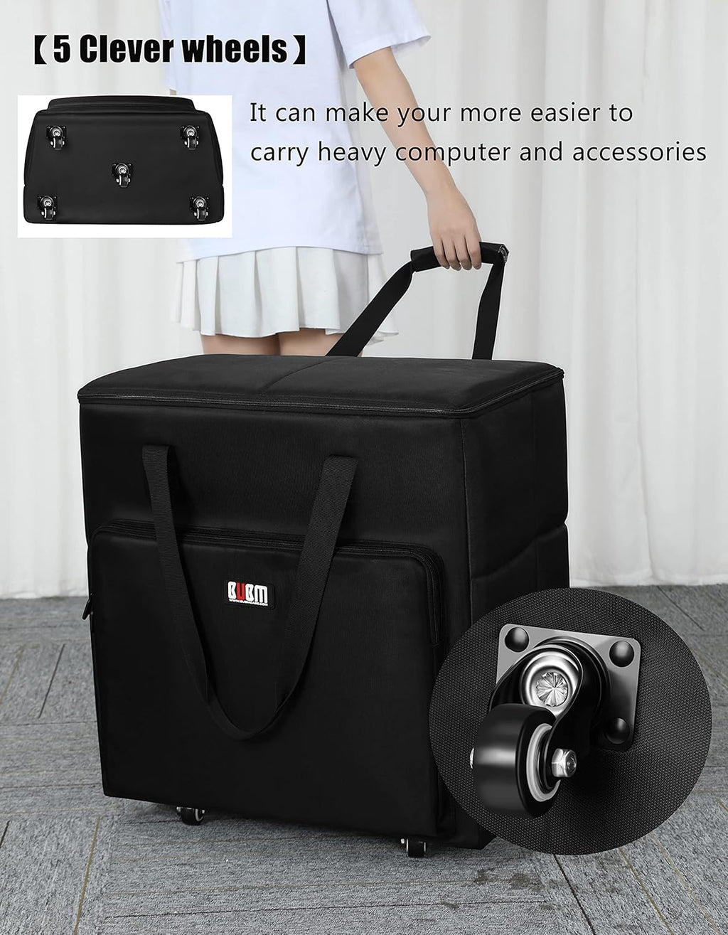 Black Rolling PC Travel Storage Tote Bag with Wheels for Tower Case, Monitor up to 27 inch, Keyboard, Headphone and Mouse Z185952