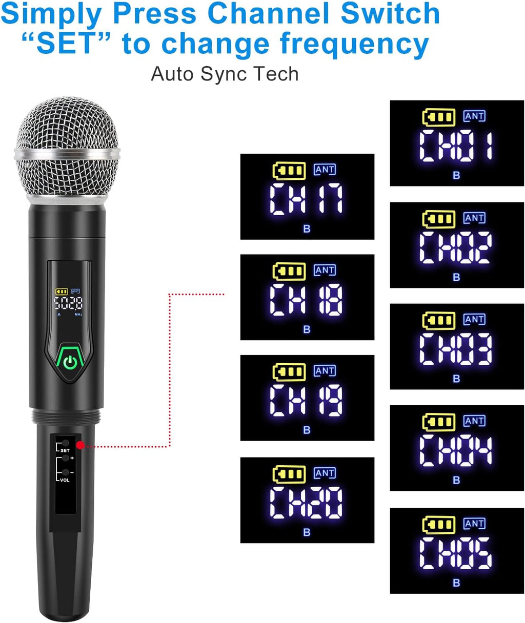 Wireless Microphone System, Metal UHF Dual Handheld 20 Channels Cordless Mic System H340