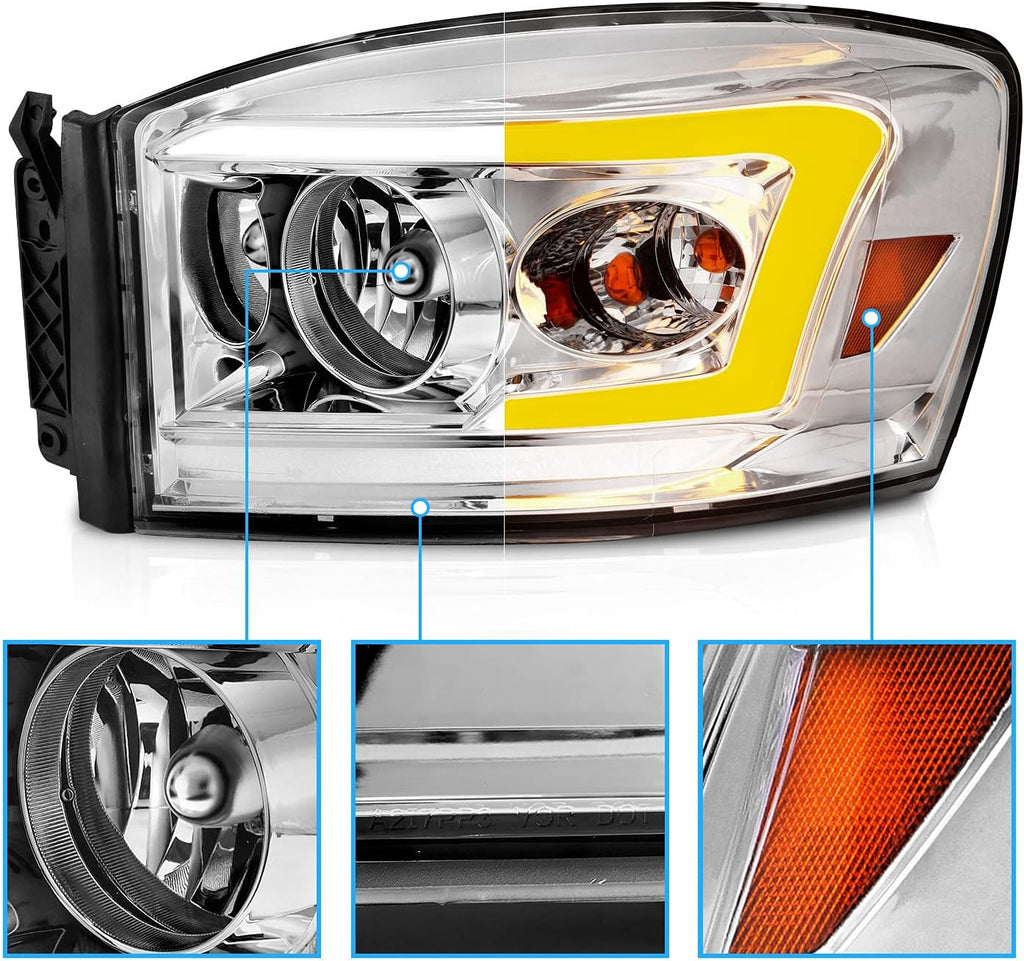 Chrome LED Tube Replacement Headlights for Ram Truck 1500 2500 3500 N177330