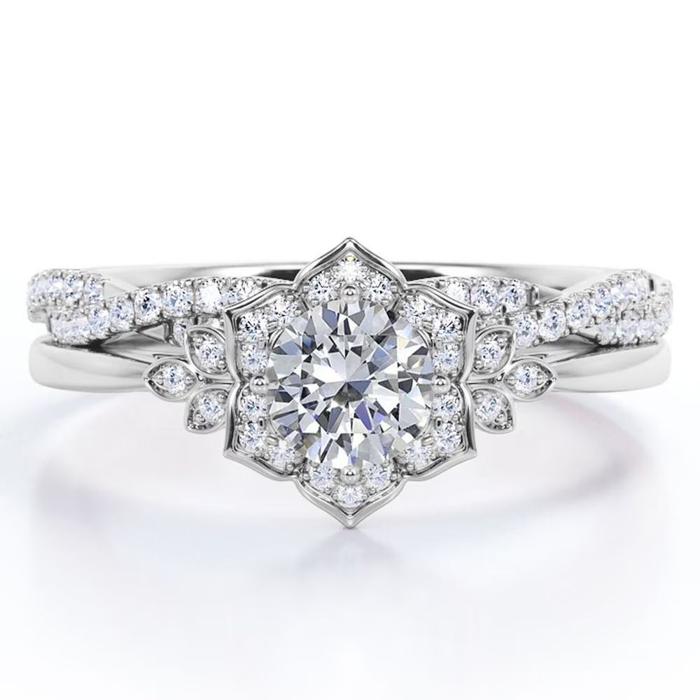 10K White Gold Diamond Twisted Band Wedding Ring Set T10423