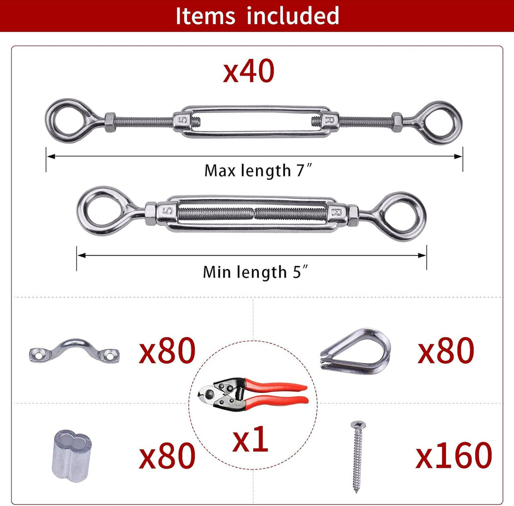 1/8 Cable Railing Kit Hardware Turnbuckle M5 Eye to Eye with 165Ft Wire Rope Stainless Steel Angle Adjustable 10 Cable Lines S62889