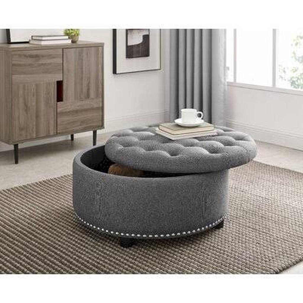 Grey Polyester Tufted Round Storage Ottoman J27225