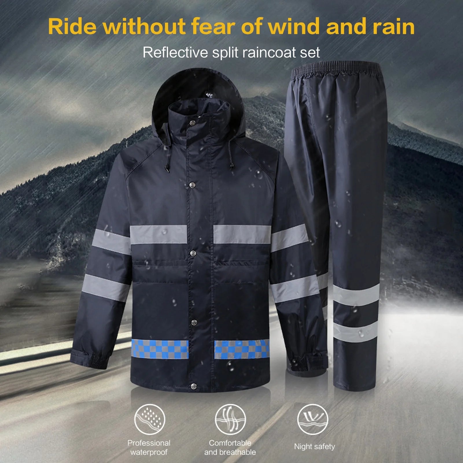 High Visibility Reflective Waterproof Raincoat Suits Rain Gear Motorcycle Cycling Rain Poncho Jacket Hooded Rainwear Four Season XXL A531