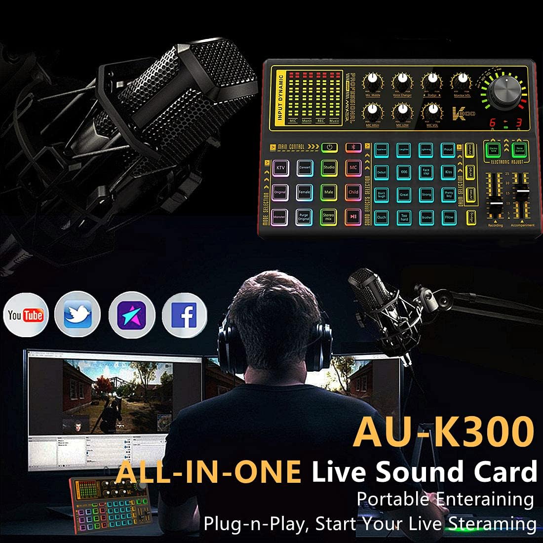 Professional Audio Mixer Sound Card with DJ Mixer Effects, Voice Changer and LED Light, Pack of 2 S285716