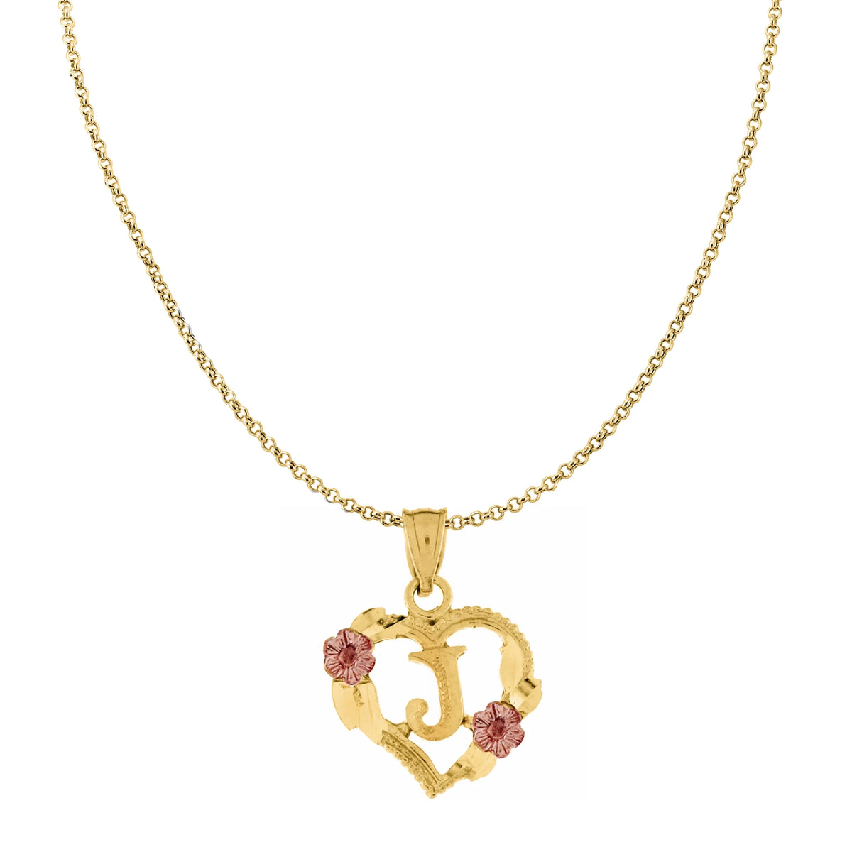 14K Two-Tone Gold Flower and Heart-Shaped Initial Pendant with 16" Chain Necklace I976614