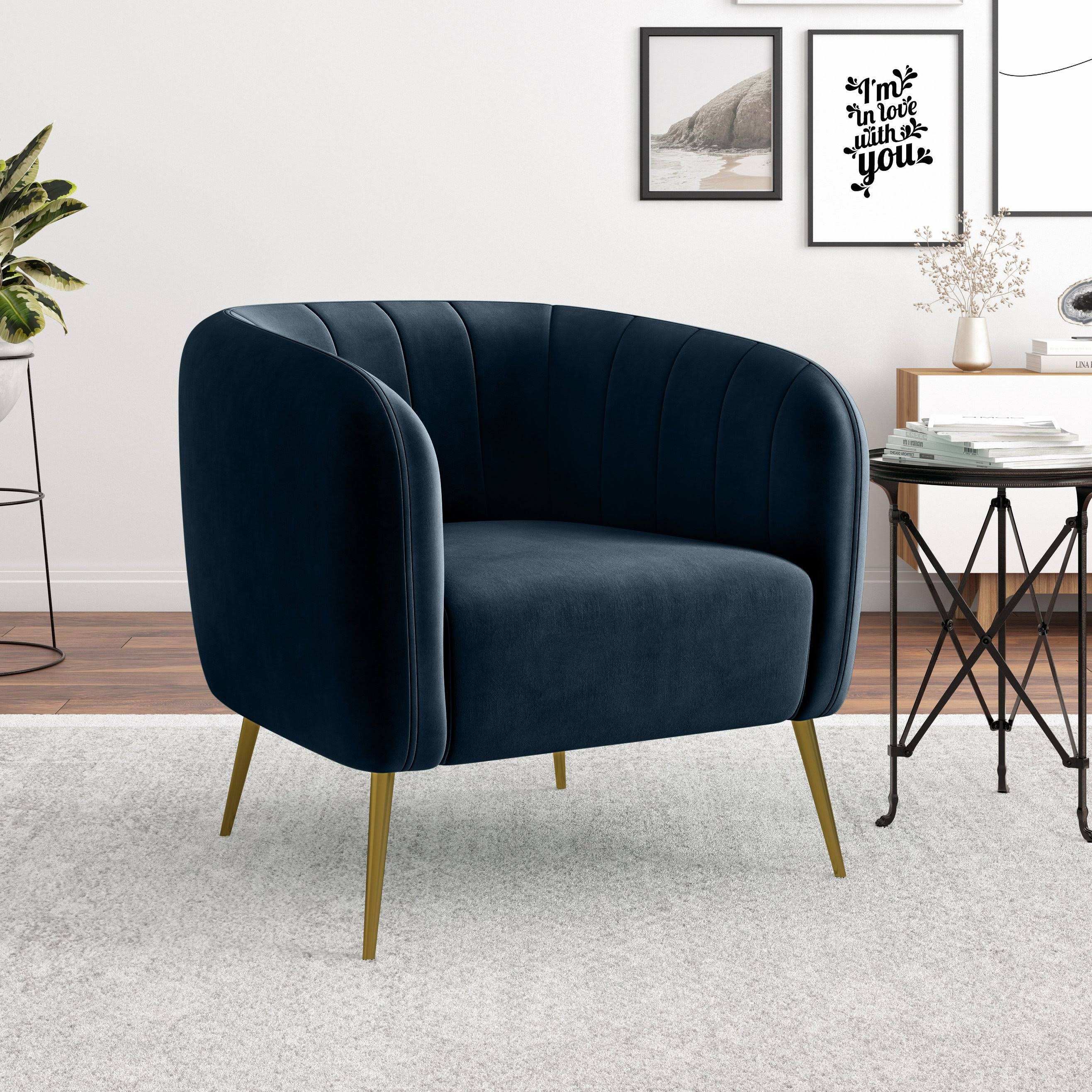 Turquoise Blue Velvet Channel-Tufted Barrel Chair I696
