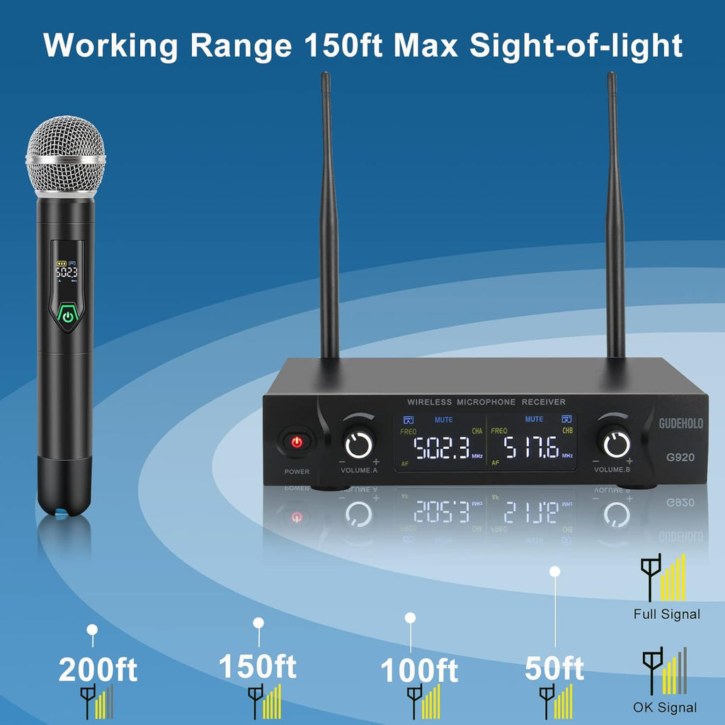 Wireless Microphone System, Metal UHF Dual Handheld 20 Channels Cordless Mic System H340