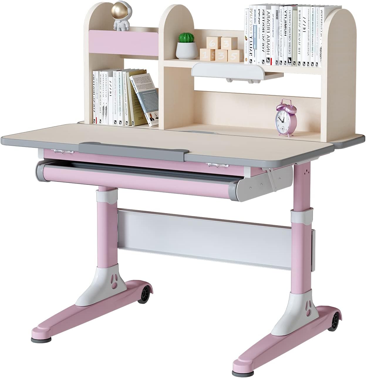 Pink Height Adjustable Ergonomic Kids Study Desk and Chair Set with Drawer and Bookshelf A1039