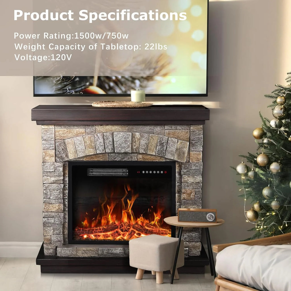 Electric Fireplace with Mantel, 36 inch Freestanding Stone Fireplace Heater TV Stand P170