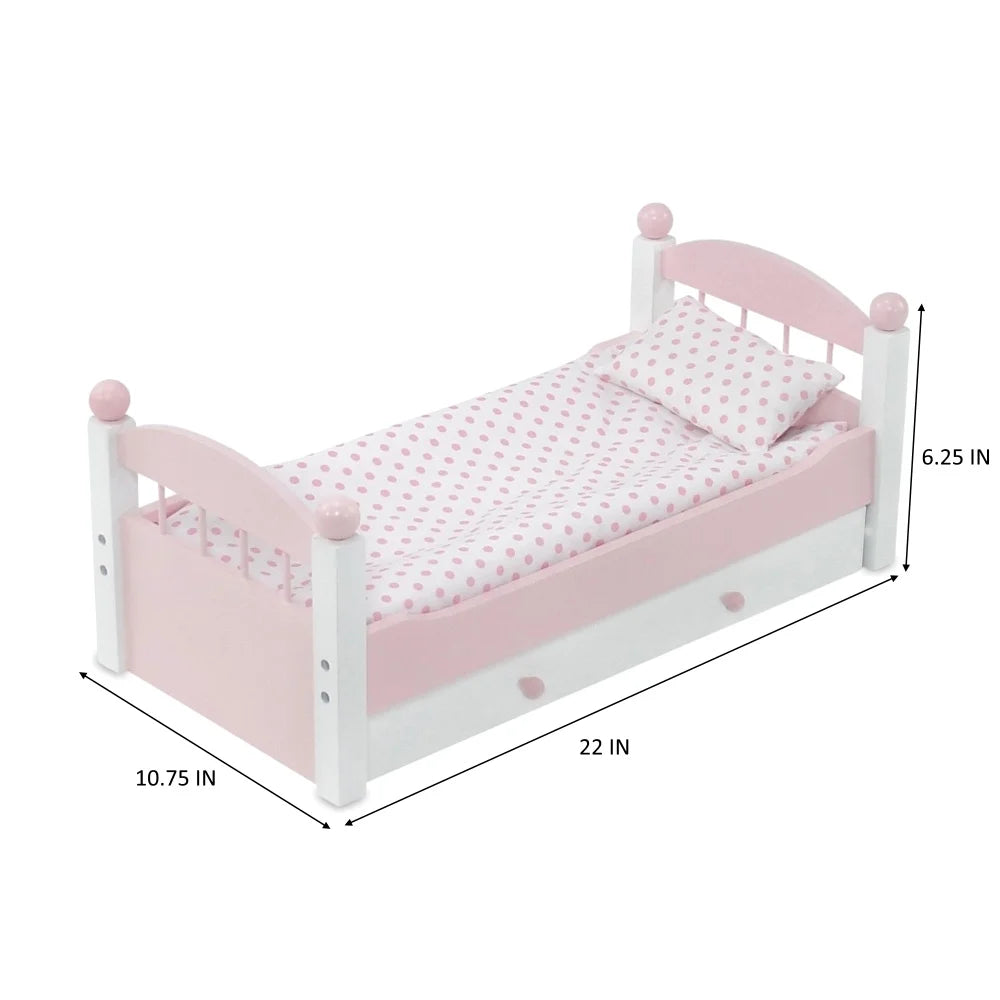 18 Inch Doll Trundle Bed with Plush Polka Dot Doll Bedding L57779