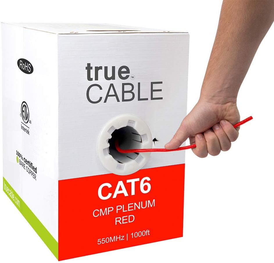 Cat6 Plenum 1000ft Black 23AWG 4 Pair Solid Bare Copper Bulk Ethernet Cable D772