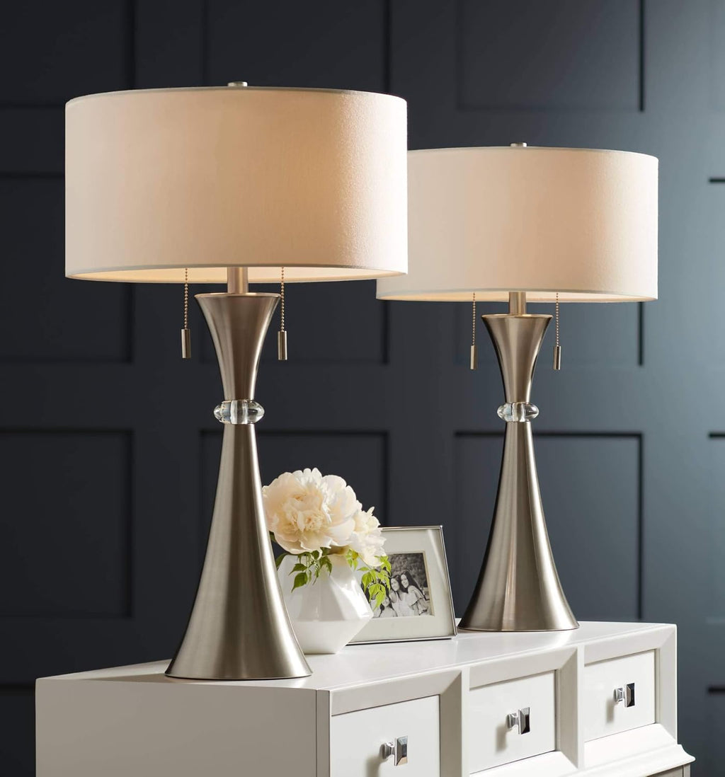 Silver Metal White Drum Shade Table Lamps Set of 2 K875471