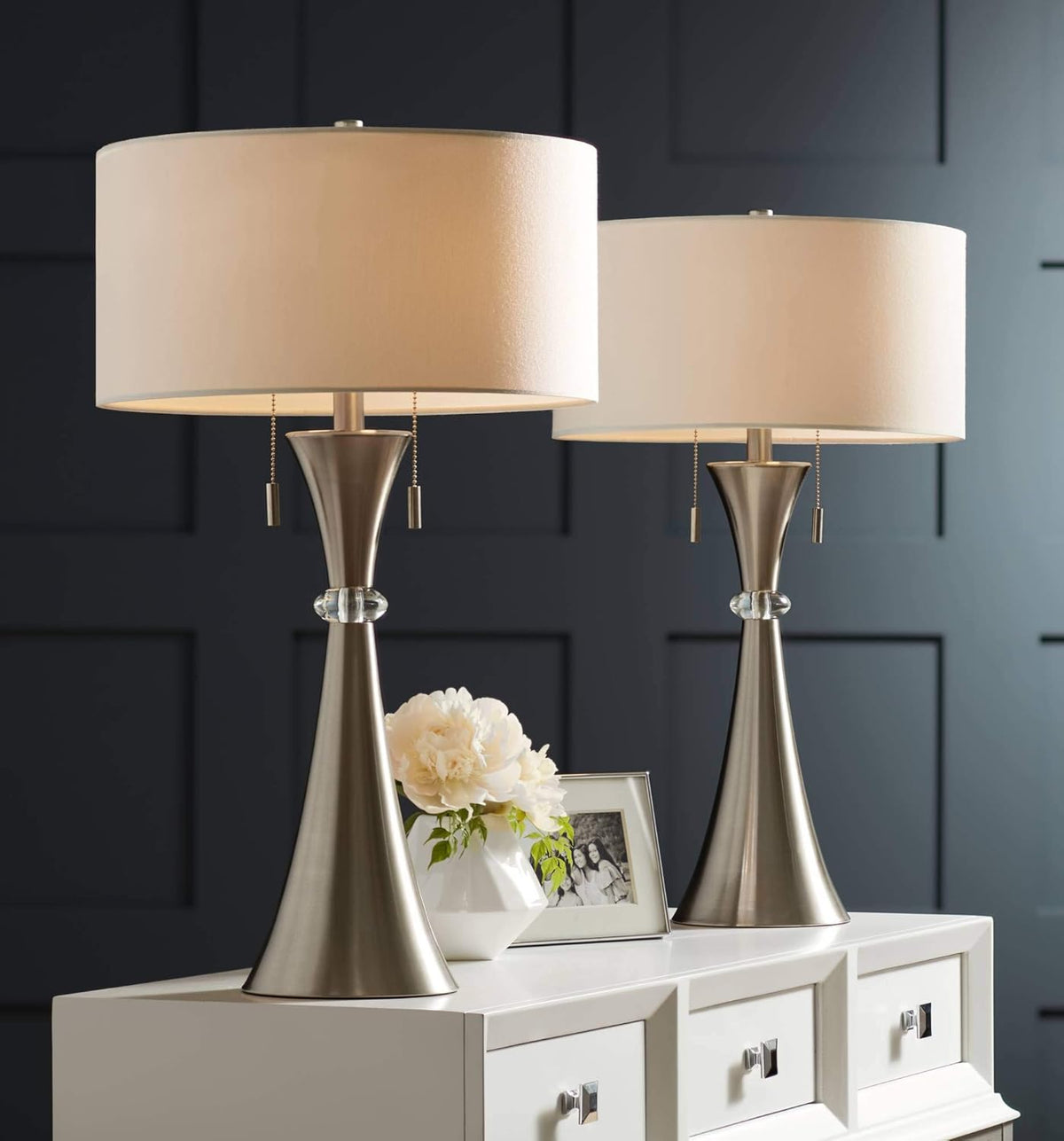 Silver Metal White Drum Shade Table Lamps Set of 2 K875471