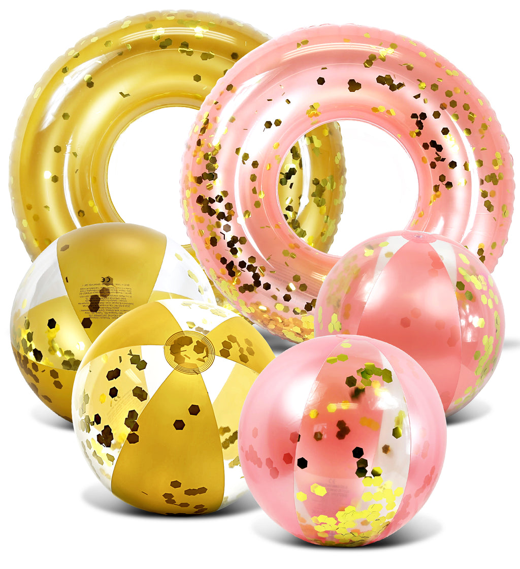 2 Inflatable Pool Swim Rings Rose Gold, Gold Confetti AND 2 Beach Balls Vinyl Flotation Pool Toy (4 Items) S8485