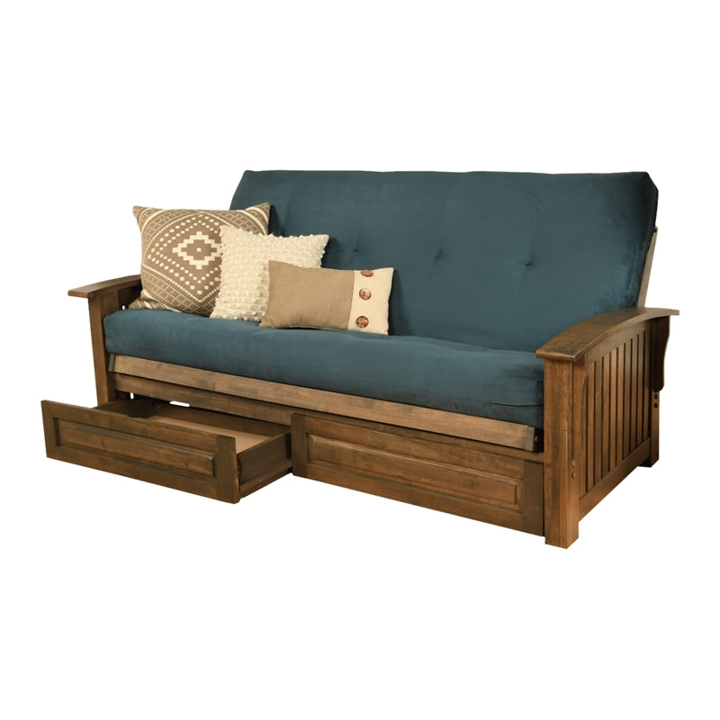 Walnut Futon with Drawers and Suede Blue Mattress Q31071