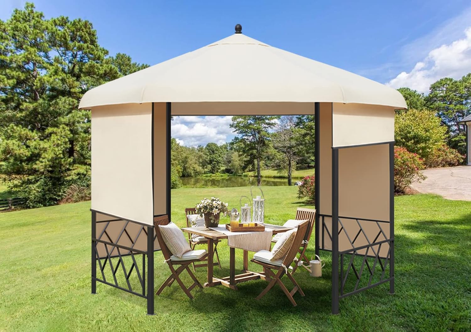 Beige Hexagonal Steel Frame Gazebo with Lift Shade Curtains A347