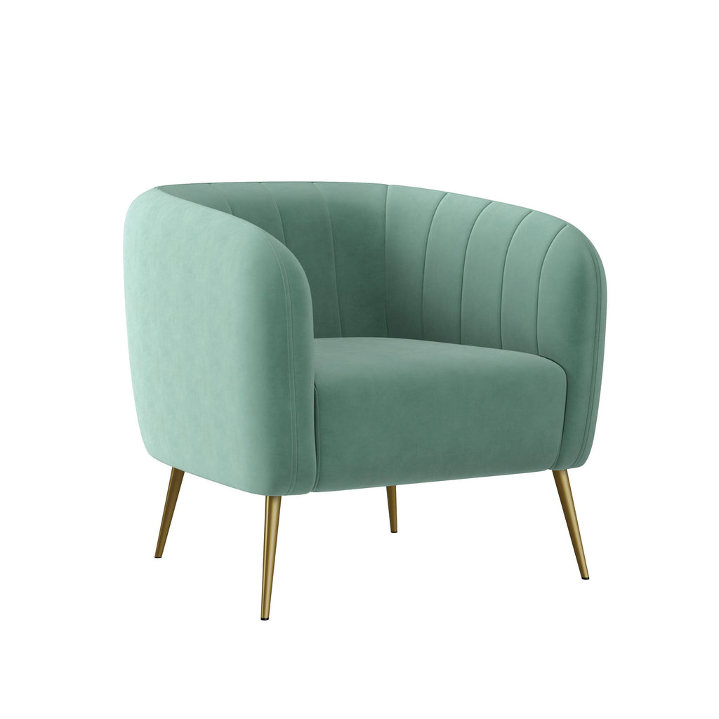 Turquoise Blue Velvet Channel-Tufted Barrel Chair I696