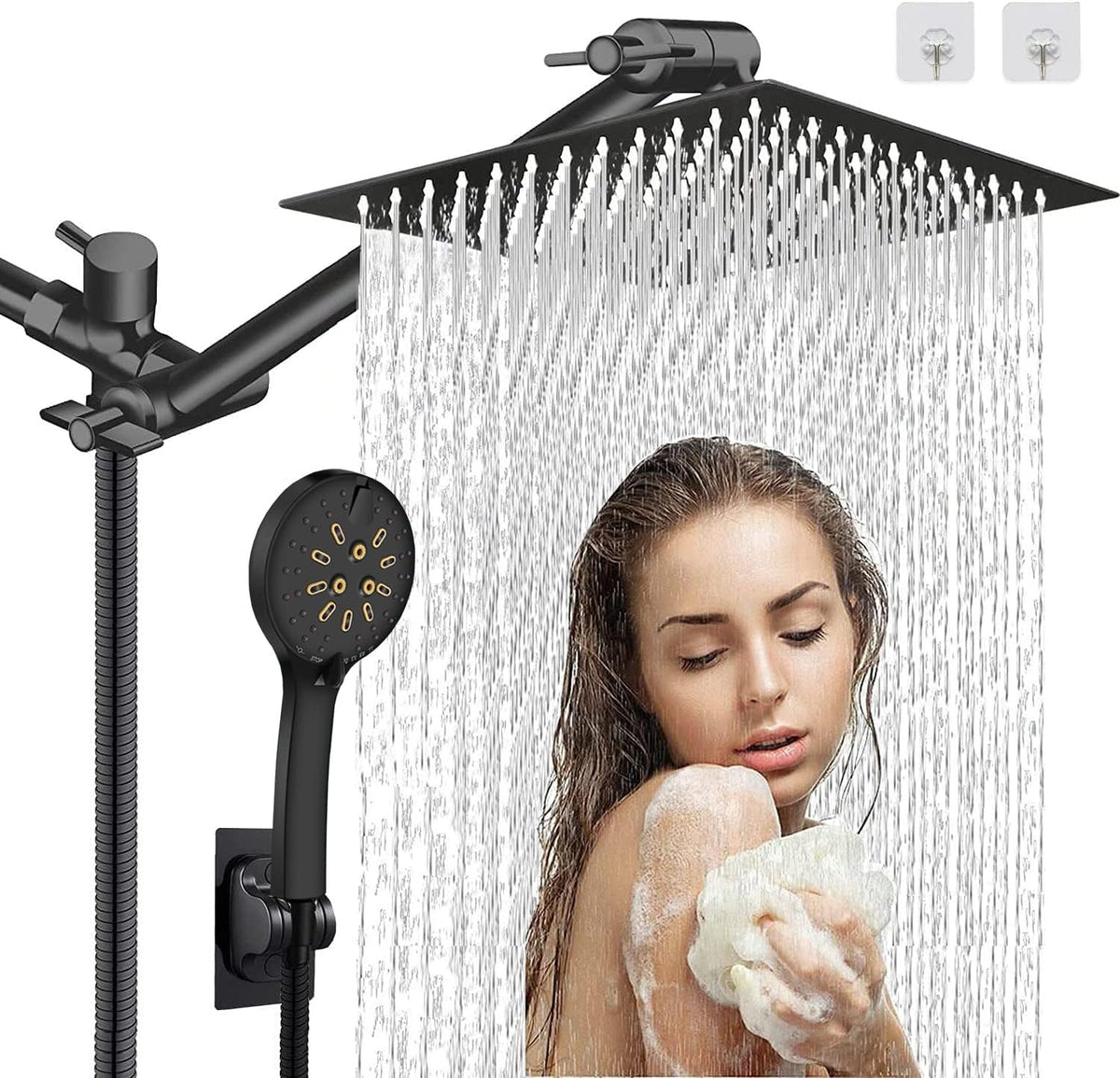12'' Rain Shower Head Combo with 6-Function Hand Shower, 13'' Extension Arm, 78'' Hose, Black, Pack of 2 L206433