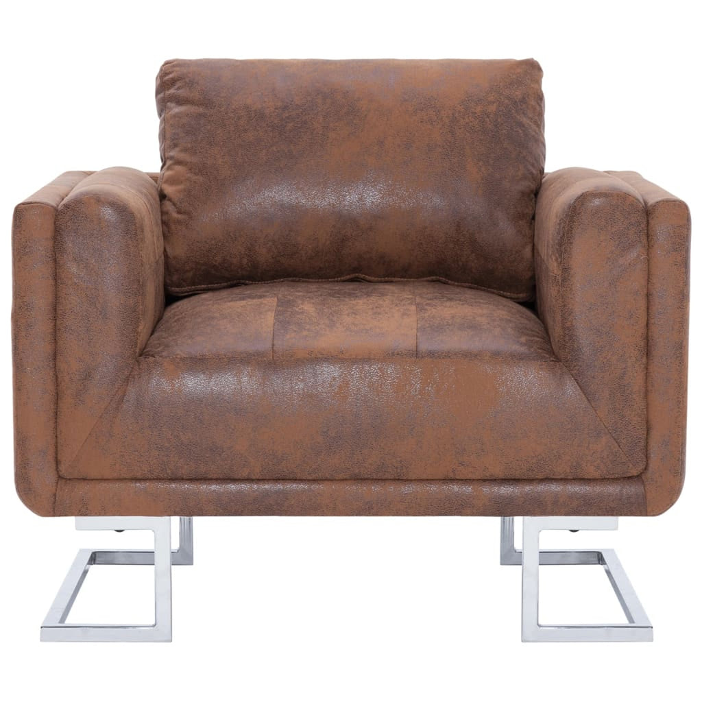 Cube Armchair Faux Suede Leather Upholstery Chair with Chrome Feet Brown L382983