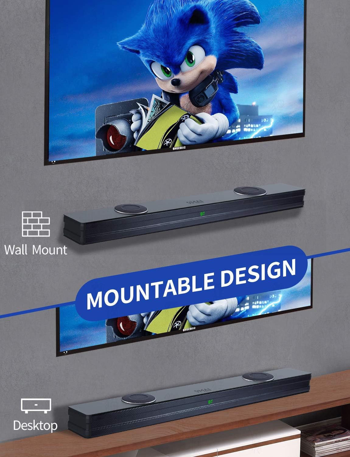 Sound Bar with Dual Built-in Subwoofer, 38 Inch 2.1, 90W, Bluetooth 5.0, Wall Mountable O2139