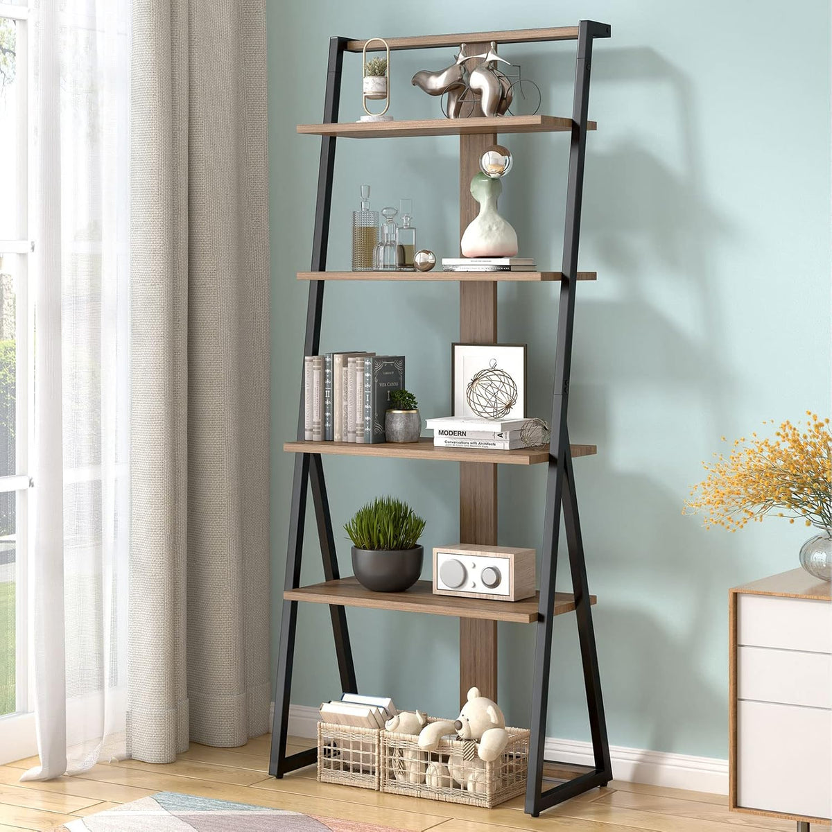 Rustic Brown 4 Tier Wood and Metal Leaning Bookcase P808627