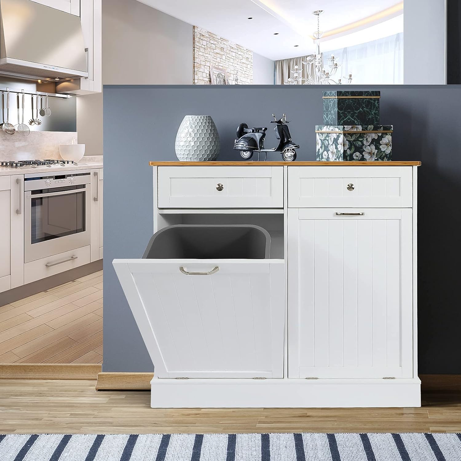 White Double Kitchen Trash Cabinet with Hideaway Drawers F93401