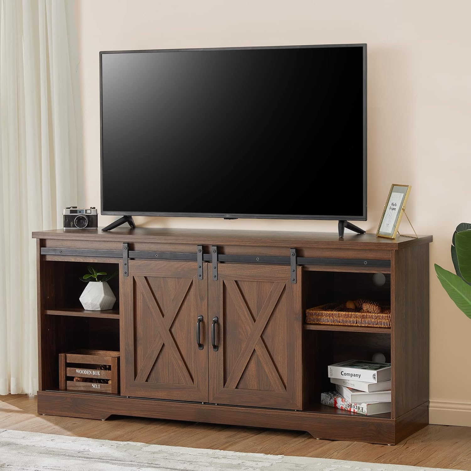 Distressed White Wood TV Stand with Sliding Barn Door O789359