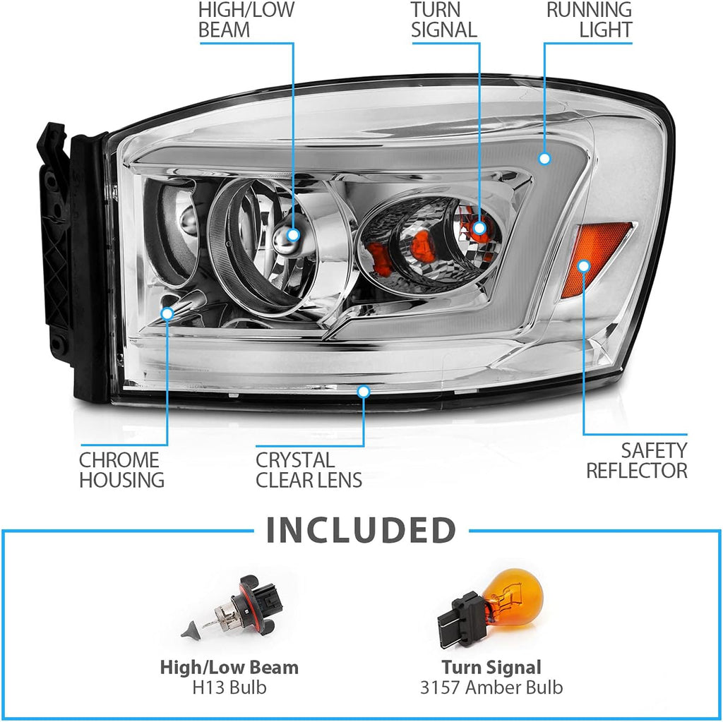 Chrome LED Tube Replacement Headlights for Ram Truck 1500 2500 3500 N177330