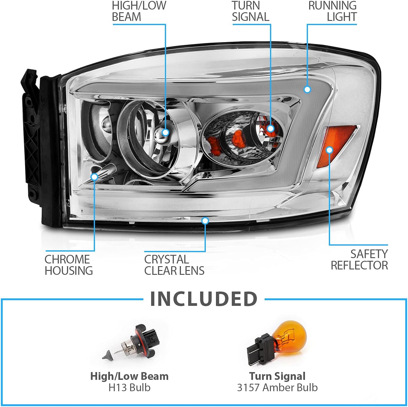 Chrome LED Tube Replacement Headlights for Ram Truck 1500 2500 3500 N177330
